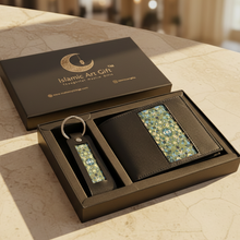 Load image into Gallery viewer, Black gift set with decorative items in a box, branded 'Islamic Art Gift'.