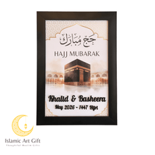 Load image into Gallery viewer, Customized Hajj Mubarak Frame with Names &amp; Date – Personalized Islamic Gift (Wall &amp; Table Decor)
