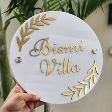 Load image into Gallery viewer, House Nameplate - Circle shape - Gold and White - With Leaf Border